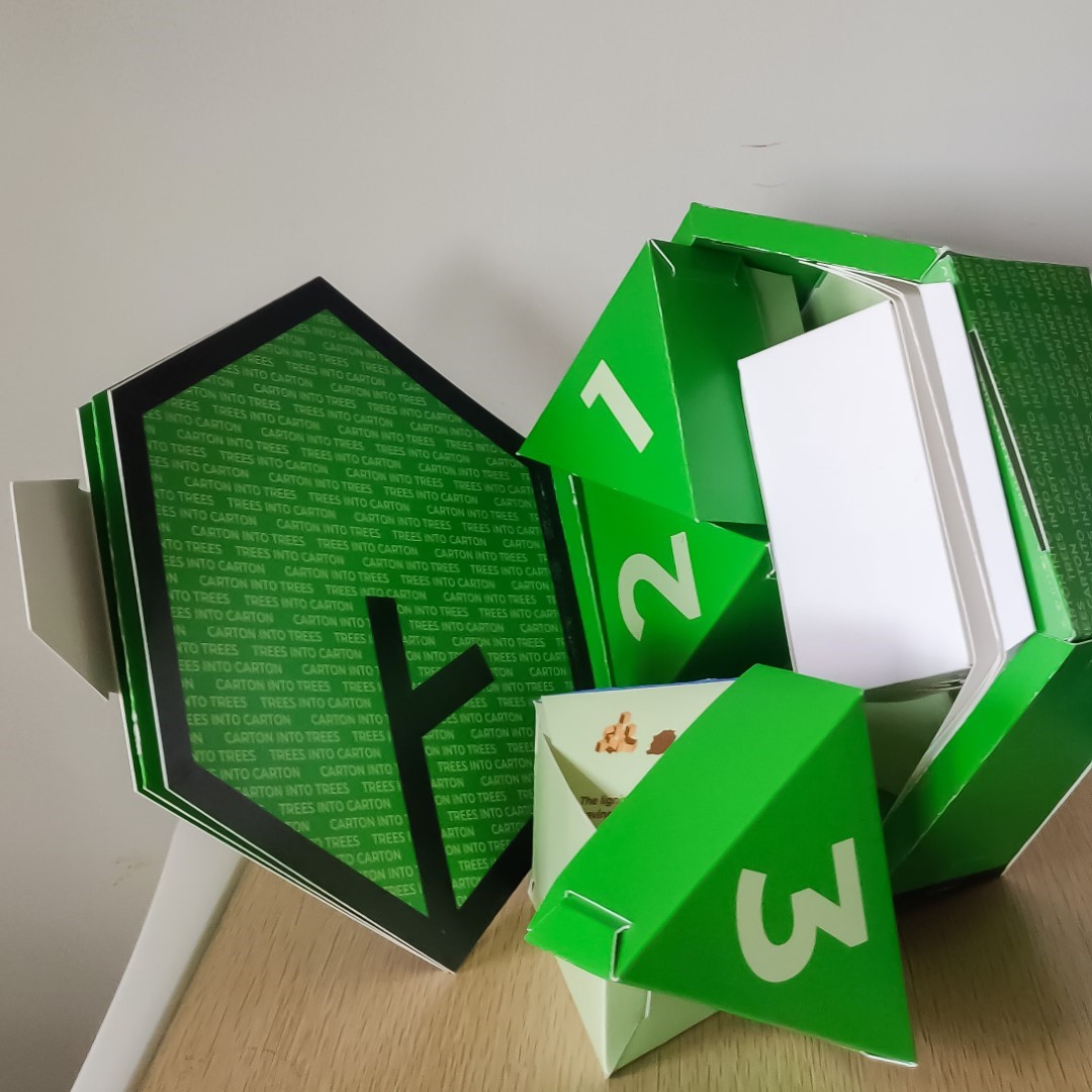 This was the first proper prototype we were able to make due to the pandemic,
                 here you can see how we continued the brand throughout the pack and how the triangle boxes work,
                  with the glue-less form function on the outside definitely encouraging the curiosity to take it apart
                   and put it together again.